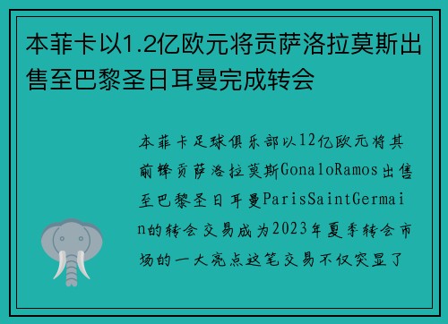 本菲卡以1.2亿欧元将贡萨洛拉莫斯出售至巴黎圣日耳曼完成转会